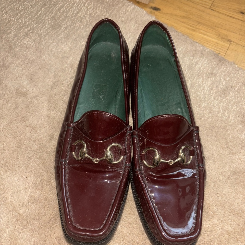 Gucci Brown Red Loafers with Silver Horsebit
